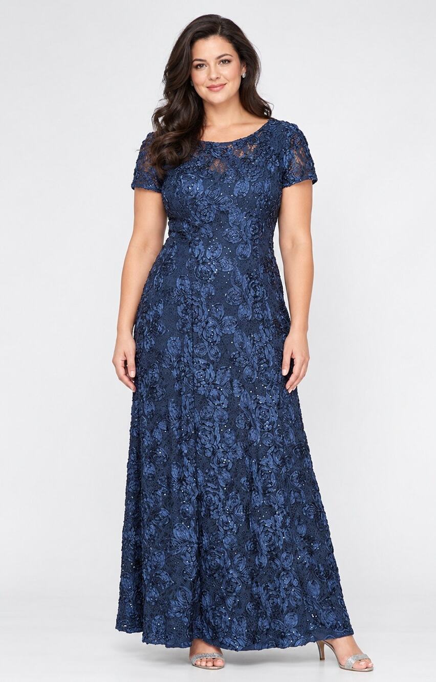 Alex Evenings Women’s Size 14 Navy Sequin Rosette Lace A-Line Evening Gown